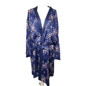 Morgan Lane Robe Blue Navy Pink Red Floral Satin FabFitFun Size Large Midi NWOT
